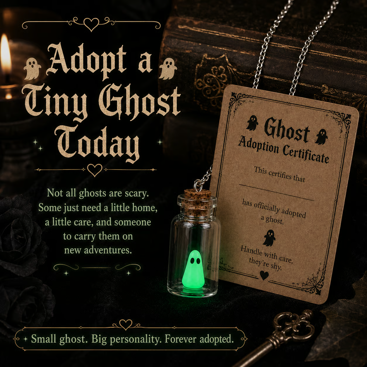 Tiny friendly ghost necklace in a miniature glass bottle